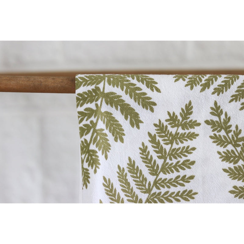 white flour sack tea towel green printed ferns