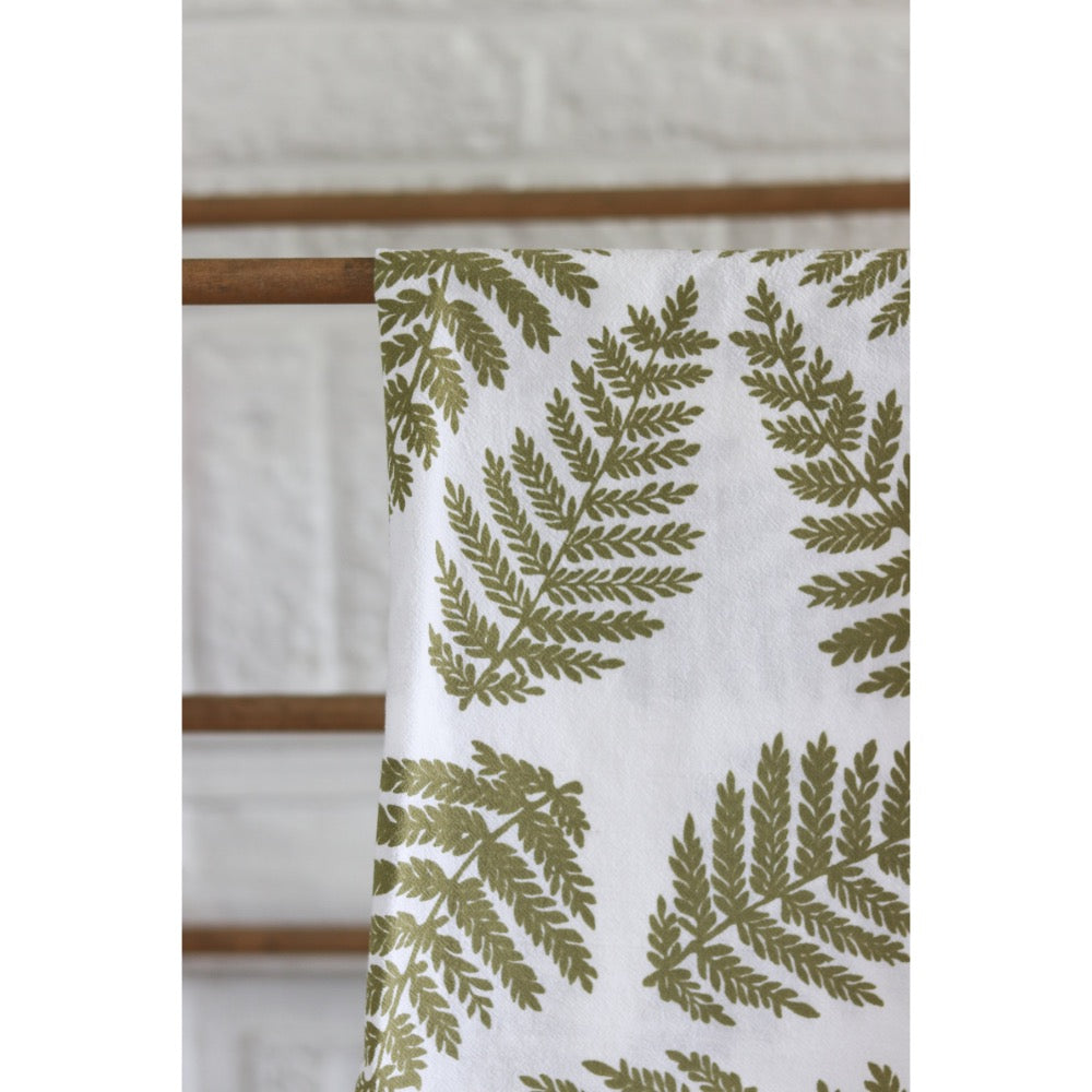 white flour sack tea towel green printed ferns