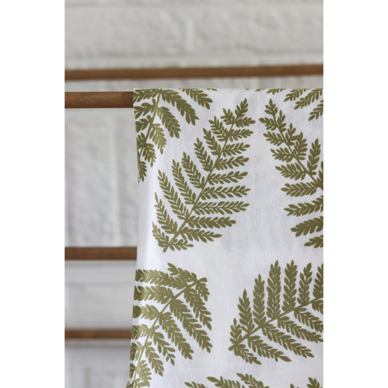 white flour sack tea towel green printed ferns