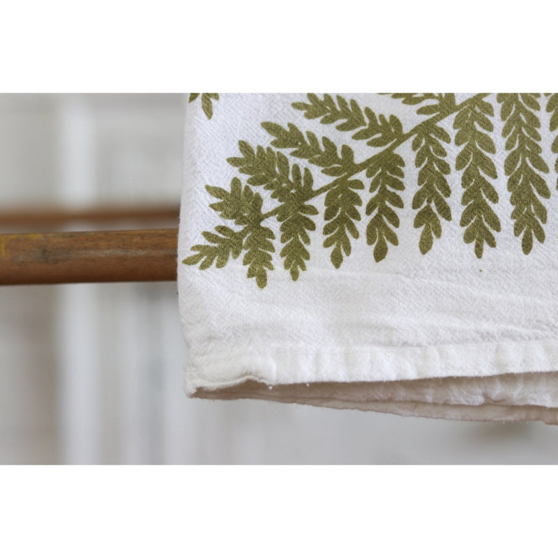 white flour sack tea towel green printed ferns
