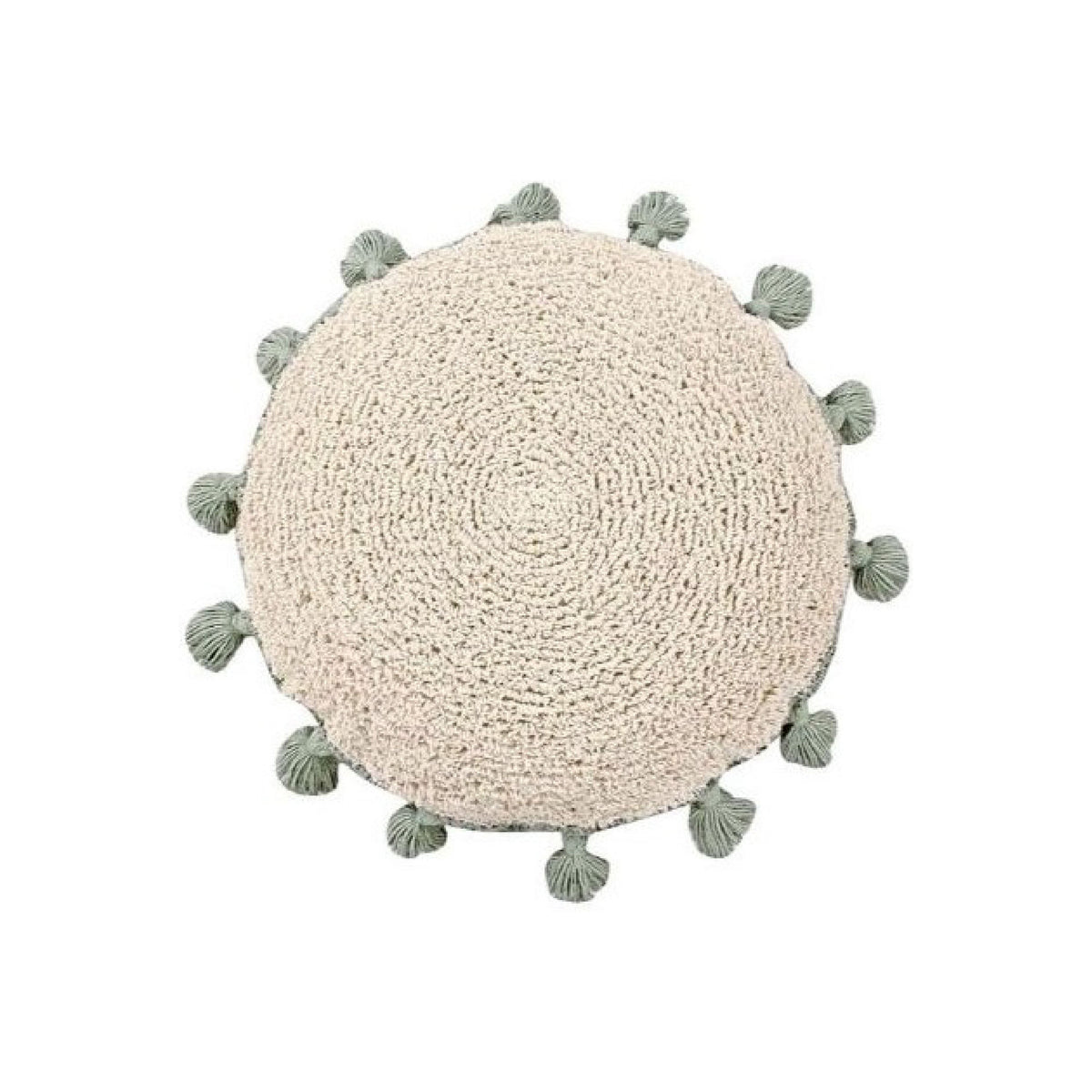 Lorena Canals' Circle Sage Tassel Cushion: a handmade, beige cotton pillow with green tassels, washable fabric.