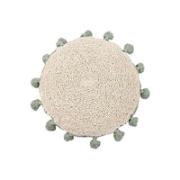 Lorena Canals' Circle Sage Tassel Cushion: a handmade, beige cotton pillow with green tassels, washable fabric.