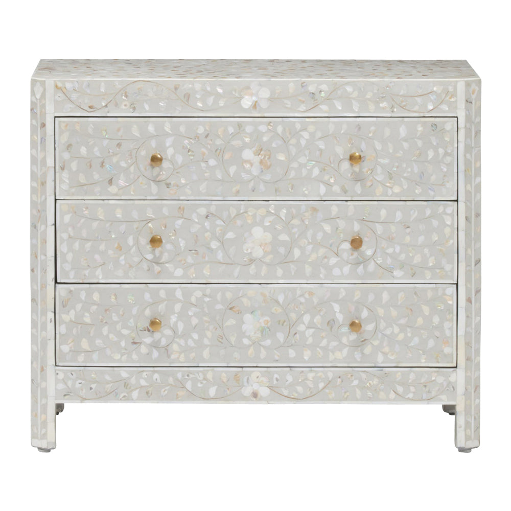 shell inlay gray resin three drawer dresser