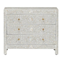 shell inlay gray resin three drawer dresser