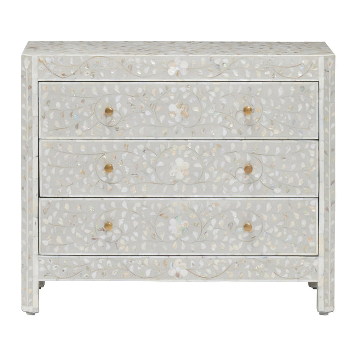 shell inlay gray resin three drawer dresser