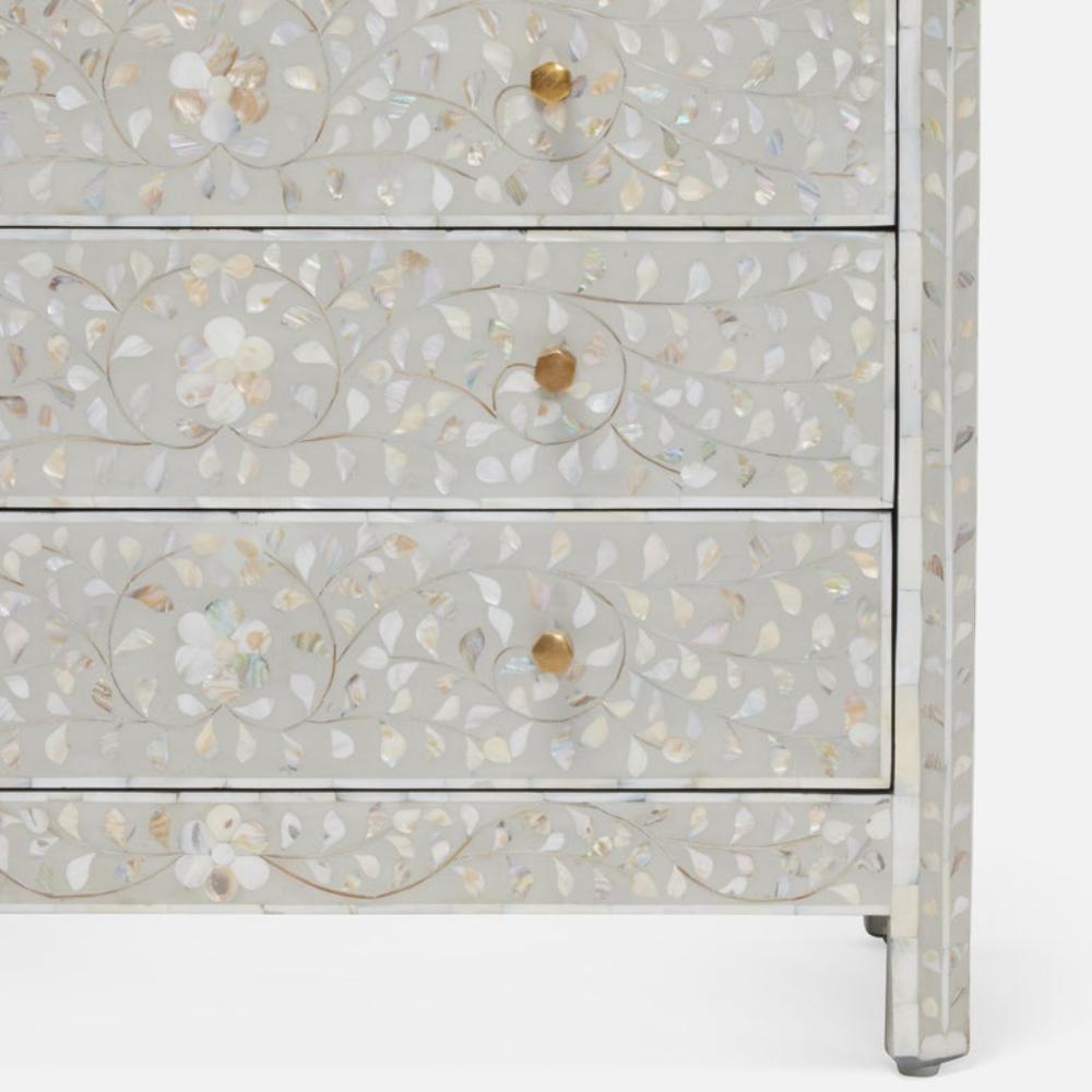 shell inlay gray resin three drawer dresser