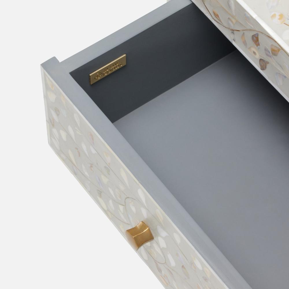 shell inlay gray resin three drawer dresser