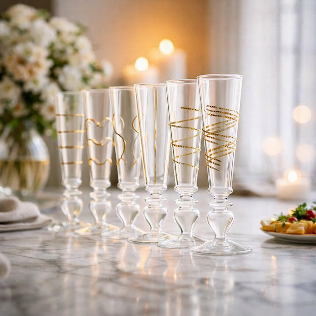 Six Abigails Razzle Dazzle Gold Icon Footed Champagne Flutes (set of 6) stand on a marble table with candles and flowers.
