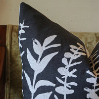 square pillow gray linen white eucalyptus branches 