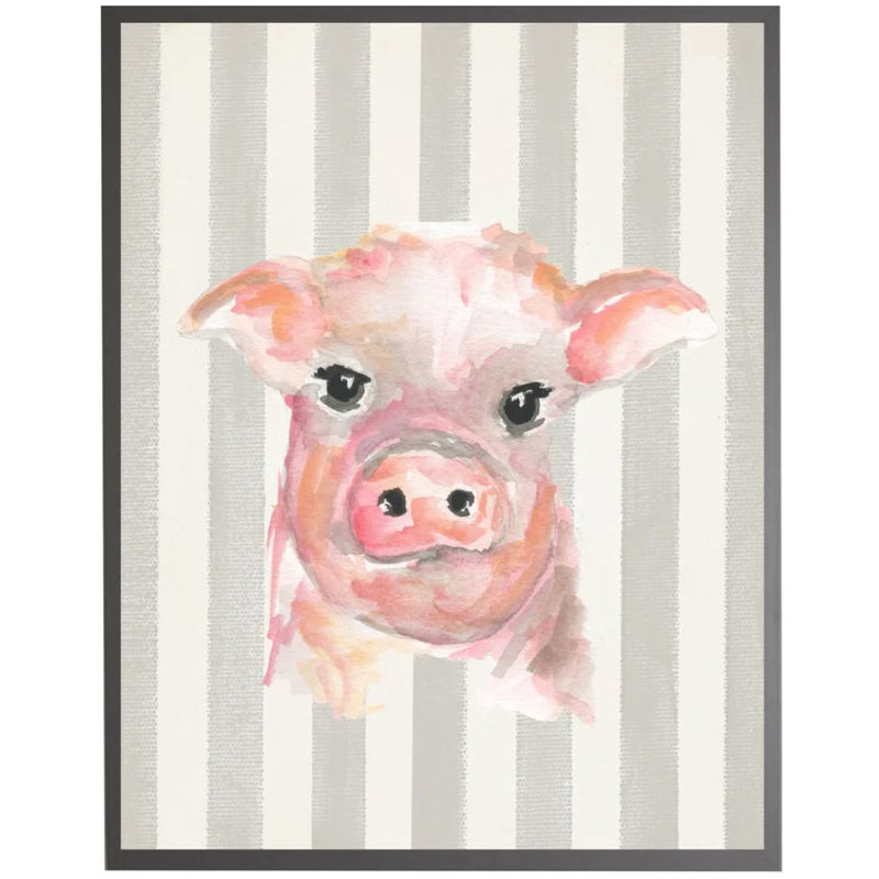 Children's Art - Baby pig - Watercolor Print - Grey Stripes - Grey Frame (size options) by Antique Curiosities