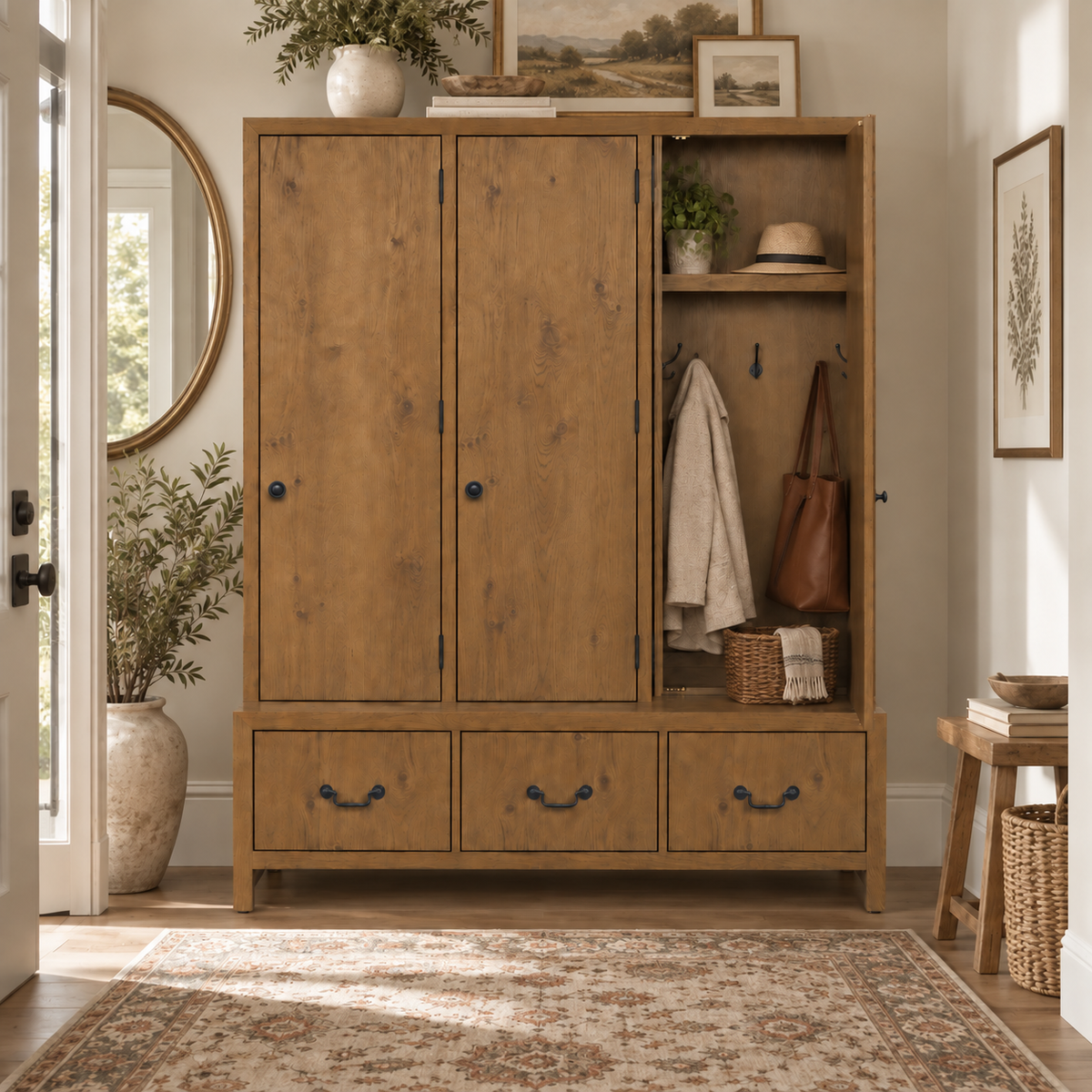 Woodbridge Oak Efficiency Hall Tree Cabinet with drawers, hooks, baskets, and decor beside a plant and round mirror.