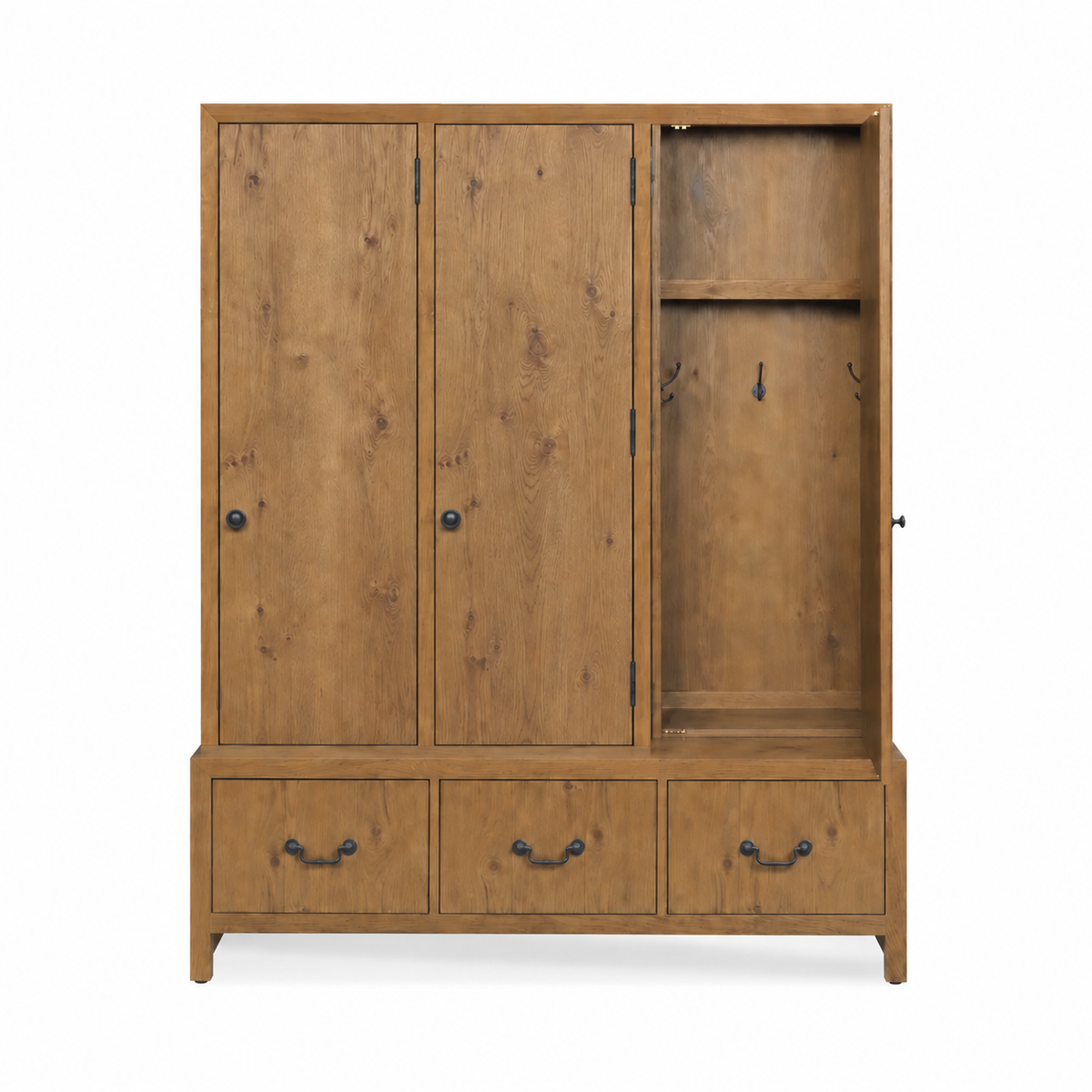 Woodbridge Furniture Oak Efficiency Hall Tree Cabinet: 3 drawers, 2 doors, shelf, and hooks on a white background.