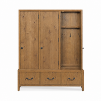 Woodbridge Furniture Oak Efficiency Hall Tree Cabinet: 3 drawers, 2 doors, shelf, and hooks on a white background.