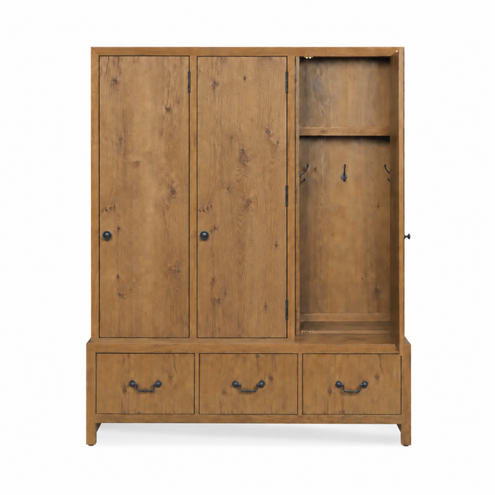 Woodbridge Furniture Oak Efficiency Hall Tree Cabinet: 3 drawers, 2 doors, shelf, and hooks on a white background.