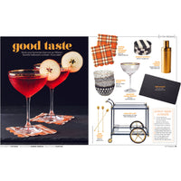 Magazine spread featuring two cocktails, glassware, bar accessories including a Creative Co-Op bar cart with gold electroplated accents and plaid napkins, alongside Black + White Stoneware Soup Bowls with Gold Rim (set of 4).