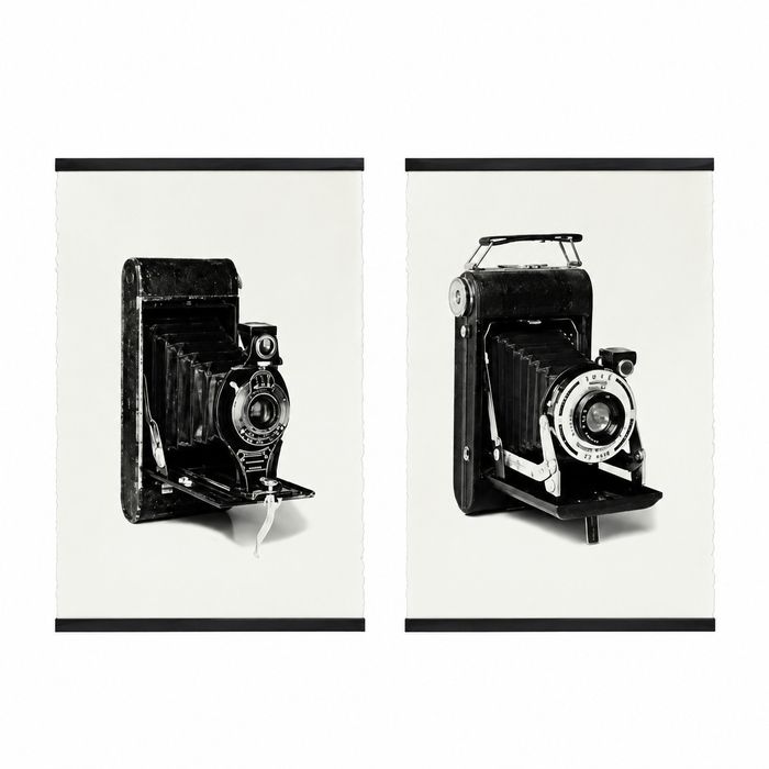 Two vintage folding camera art prints displayed with Art Print Frameless Wood Hangers.