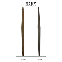 Two wooden chair legs labeled "Walnut" and "Black" under the heading "HANS," crafted with the same meticulous care as Barloga Studios' Art Print Frameless Hans Wood Hangers (available in various sizes and finishes) made in the USA.