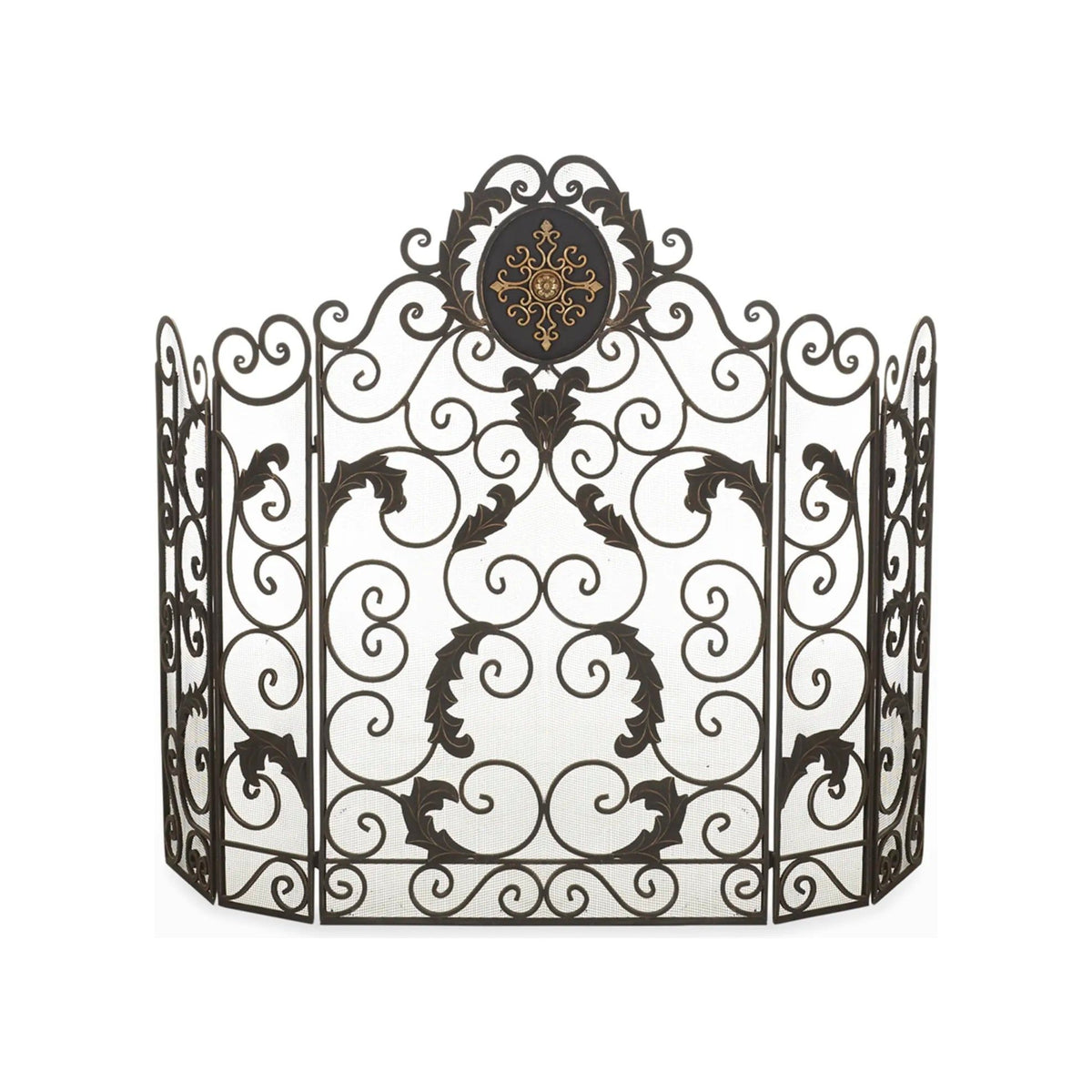 A burnished gold fireplace screen with a decorative design and an accent medallion in the center.