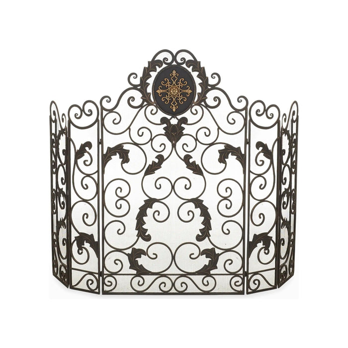 A burnished gold fireplace screen with a decorative design and an accent medallion in the center.