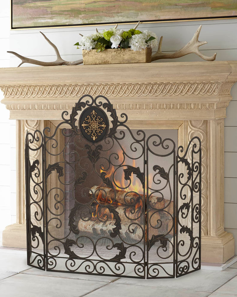 Burnished Gold Monogrammed or Fleur de Lis Accent Fireplace Screen
