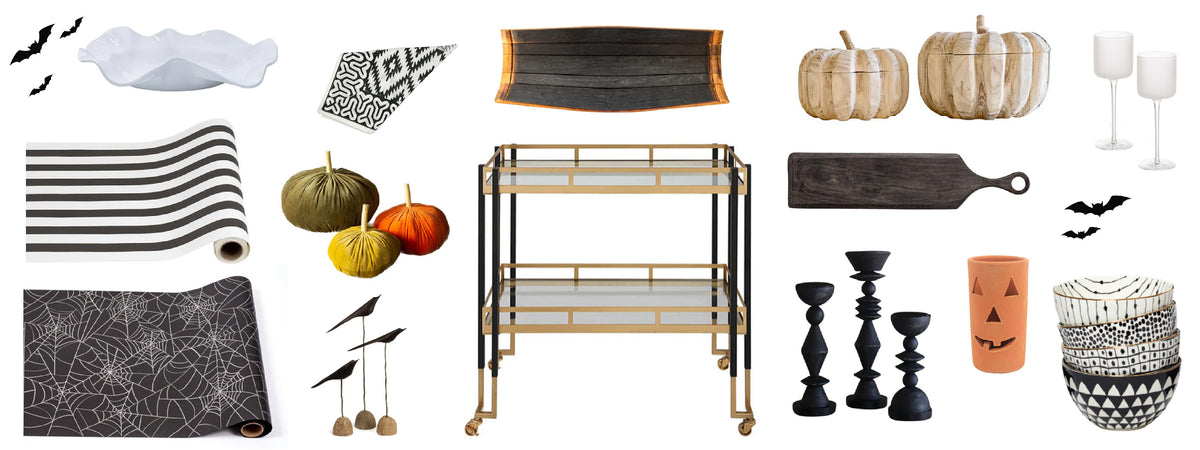 Selection of black, white and orange decor for halloween
