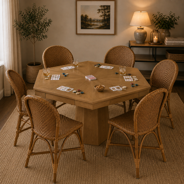 Woodbridge Furniture’s Ante Game Table with hidden storage, playing cards, chips, snacks, drinks & 6 wicker chairs.