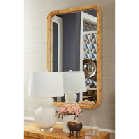 oak burl wood wall mirror curved edge brushed brass accent 