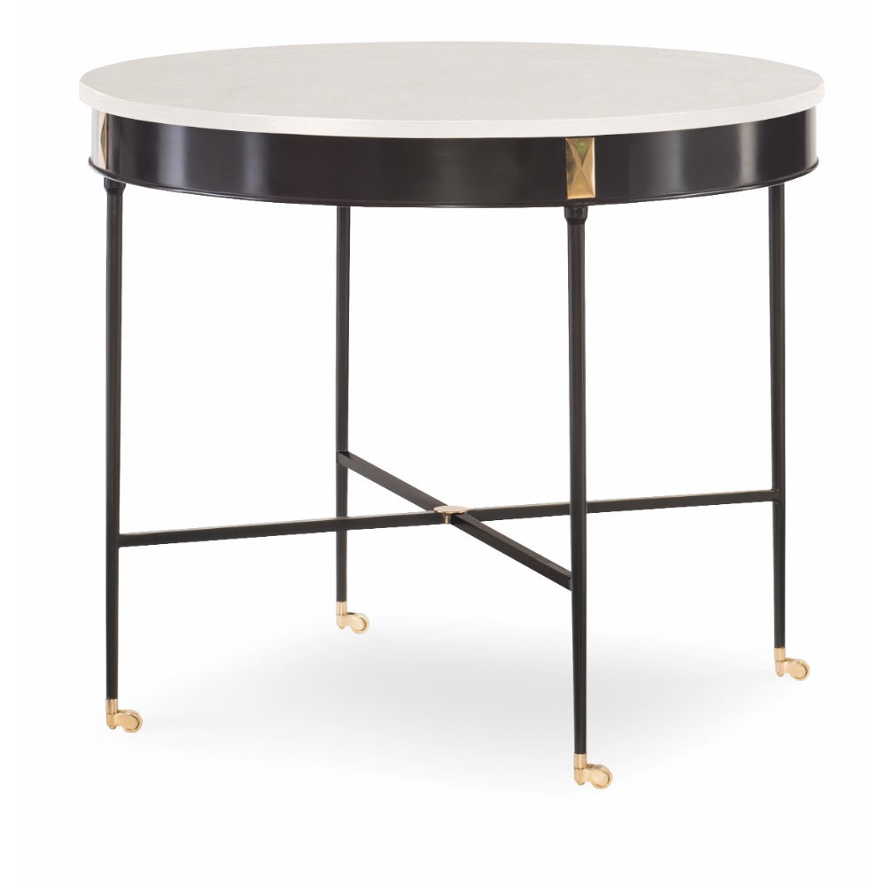 round occasional table white stone top brass accents black steel legs casters