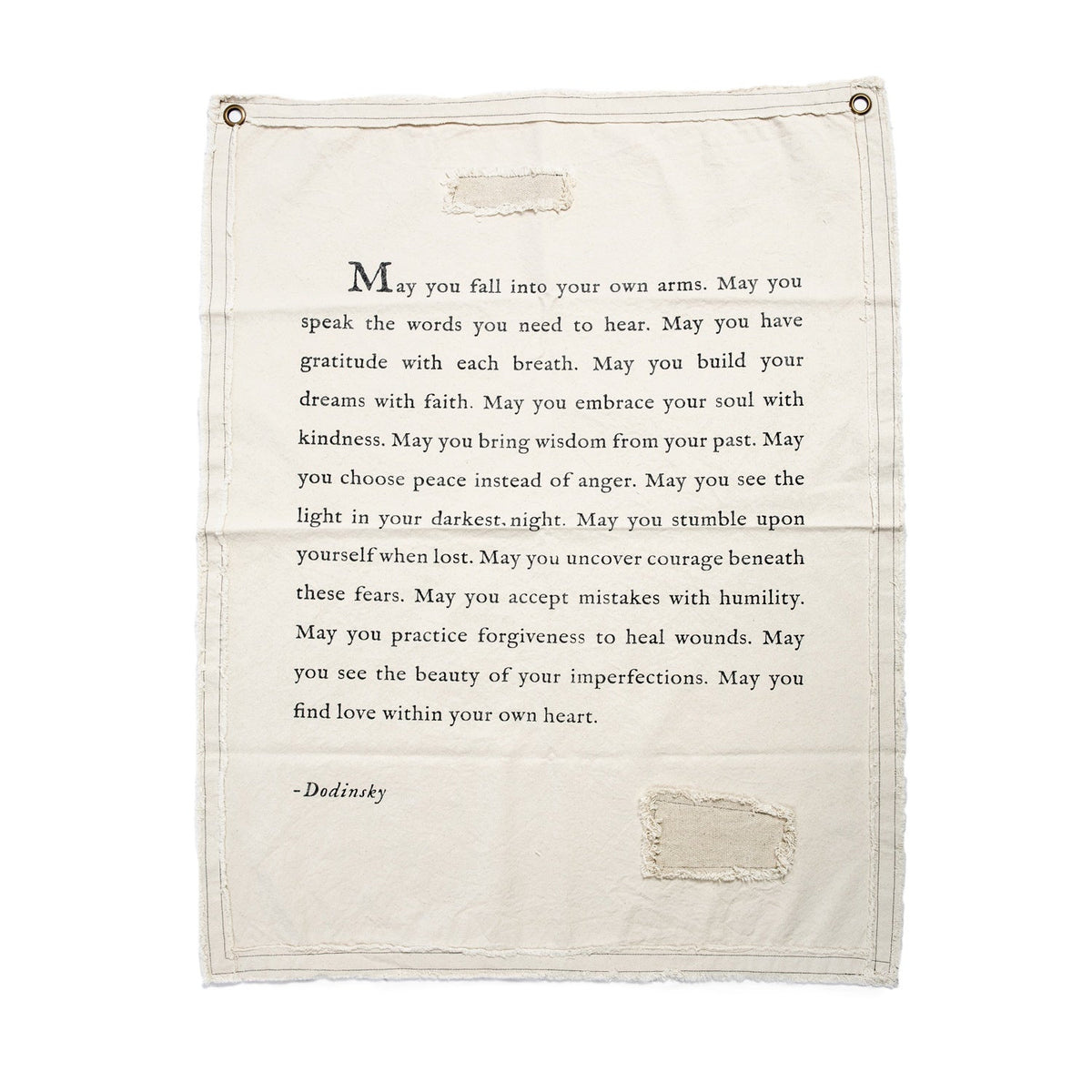 Textile with a printed message on a white background