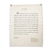 Textile with a printed message on a white background