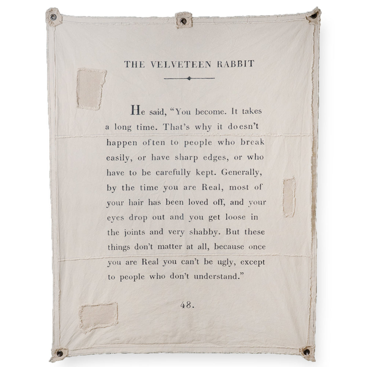 Text from 'The Velveteen Rabbit' on a beige fabric background