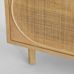 long media console table light natural oak rattan side panels sliding doors