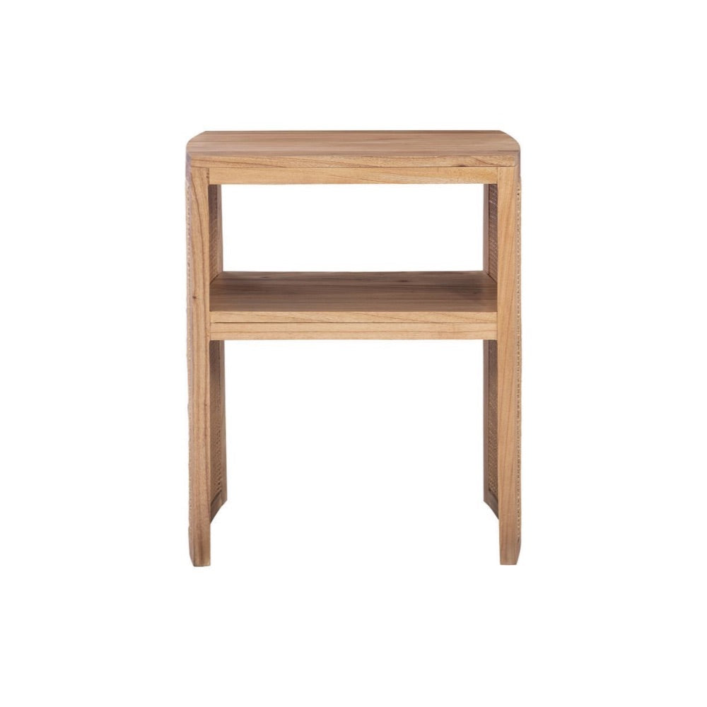 natural wood bedside table shelf rattan cane rounded sides