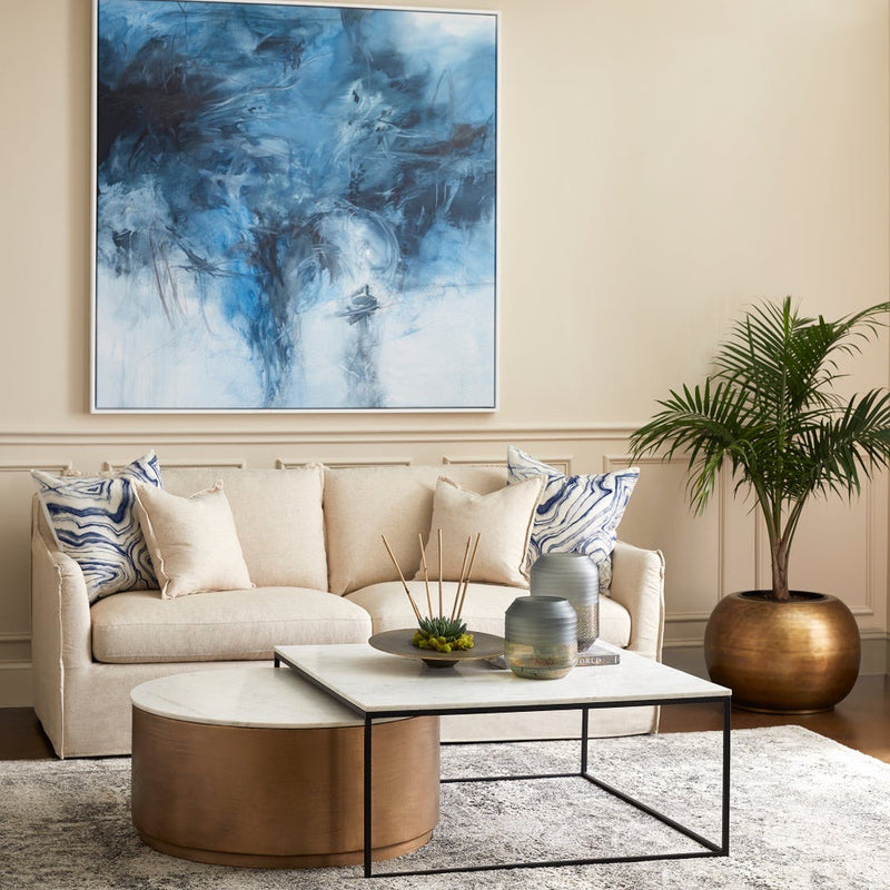 cream slipcovered small 2 cushion sofa