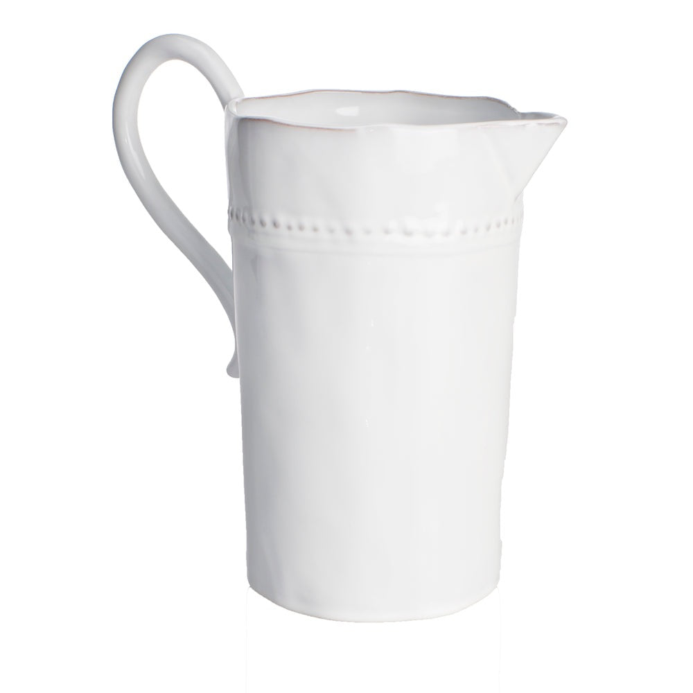 white glaze ceramic pitcher curved handle beaded accent