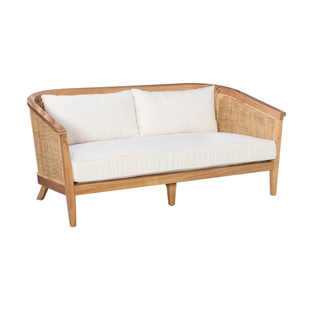 settee sofa natural wood rattan cane sides back white cushions
