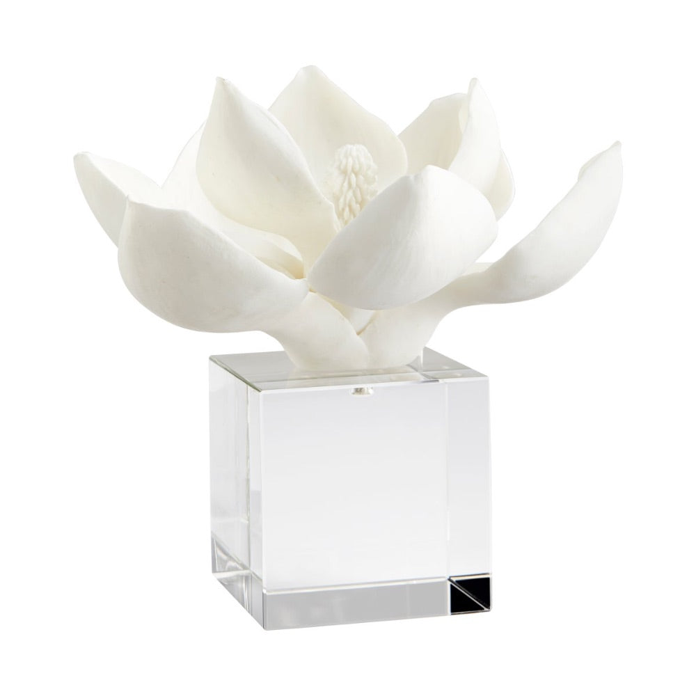 crystal cube white resin magnolia bloom sculpture