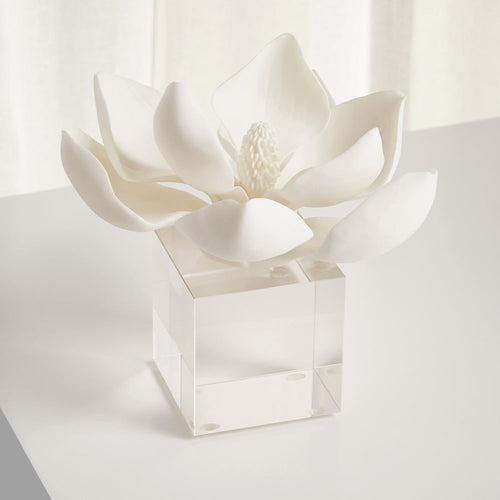 crystal cube white resin magnolia bloom sculpture