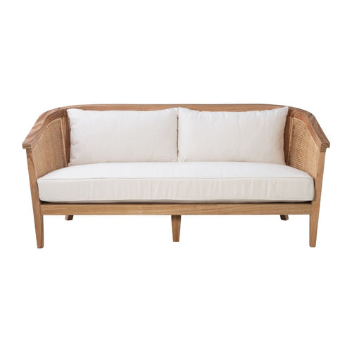 settee sofa natural wood rattan cane sides back white cushions