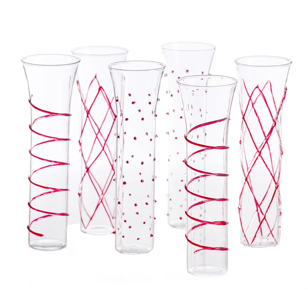 clear champagne glasses varied red designs