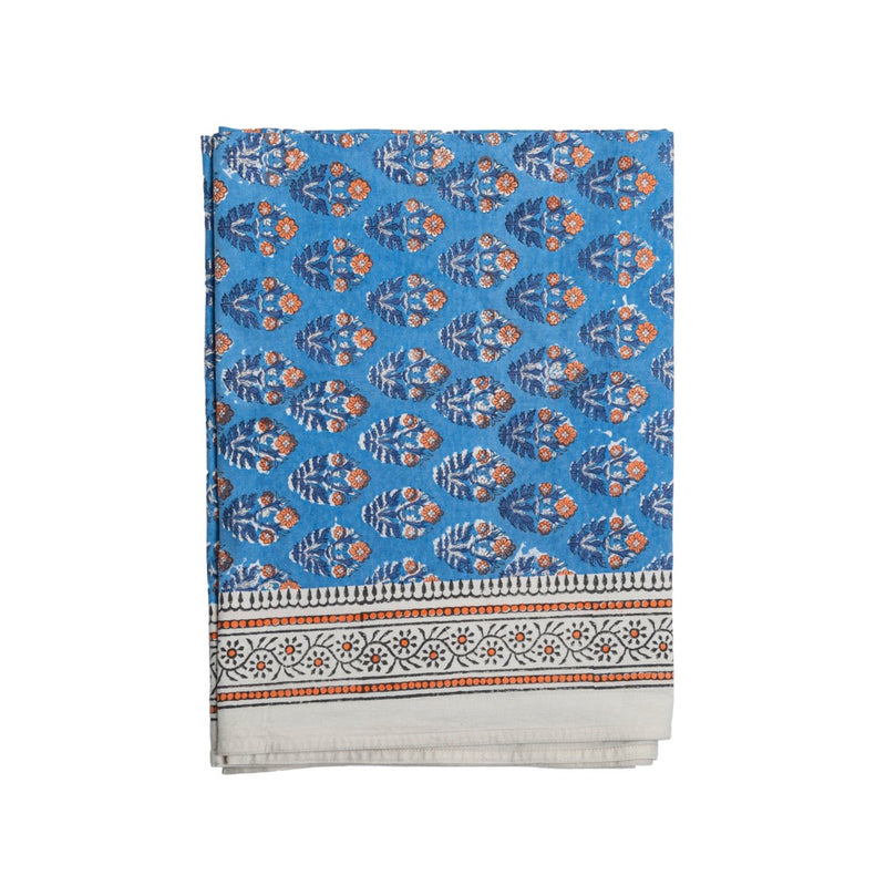blue background orange flowers block-printed cotton tablecloth