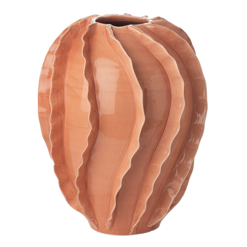 clay color ceramic round vase crimped vertical ribbons