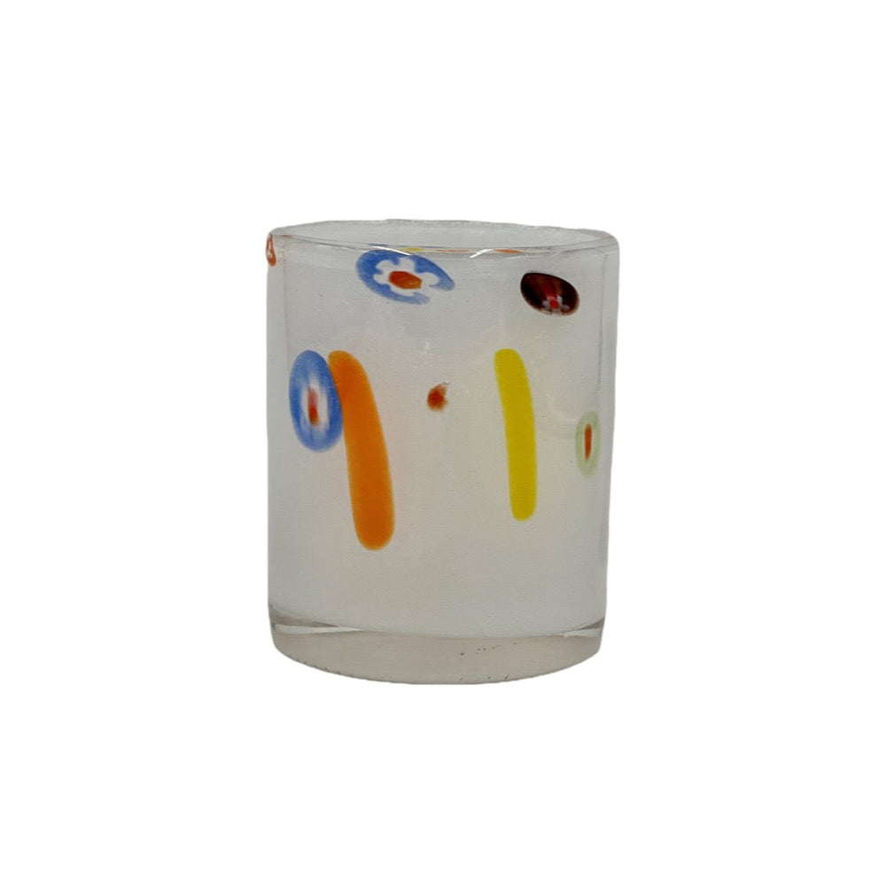 white frosted tumbler glasses colorful abstract design