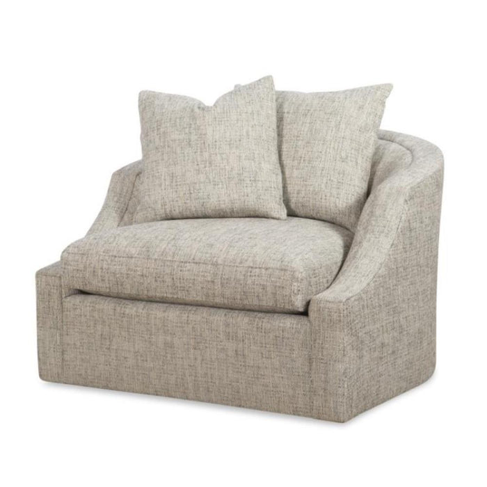 grey tan large upholstered swivel chair toss pillow