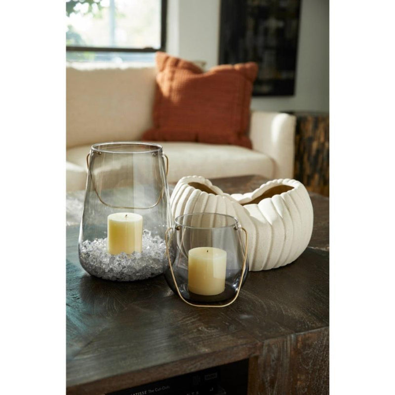 smoked glass short candle hurricane brass handle
