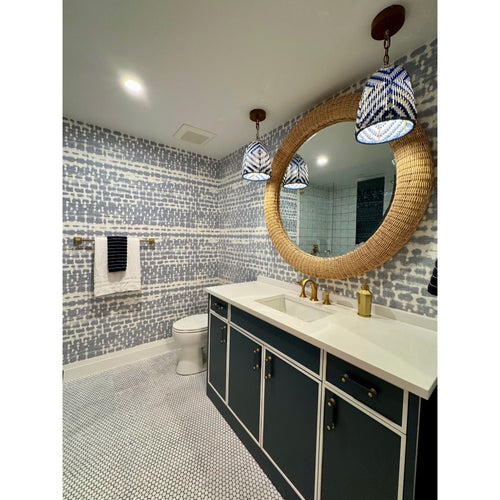 white blue pendants bathroom rattan round mirror lifestyle