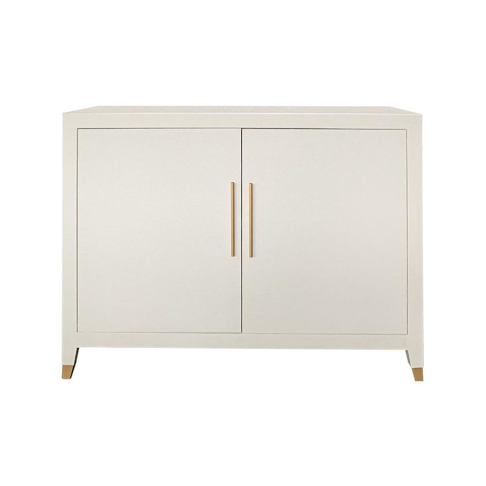 off-white raffia wrapped 2-door cupboard interior shelf brass hardware