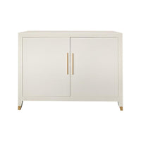 off-white raffia wrapped 2-door cupboard interior shelf brass hardware