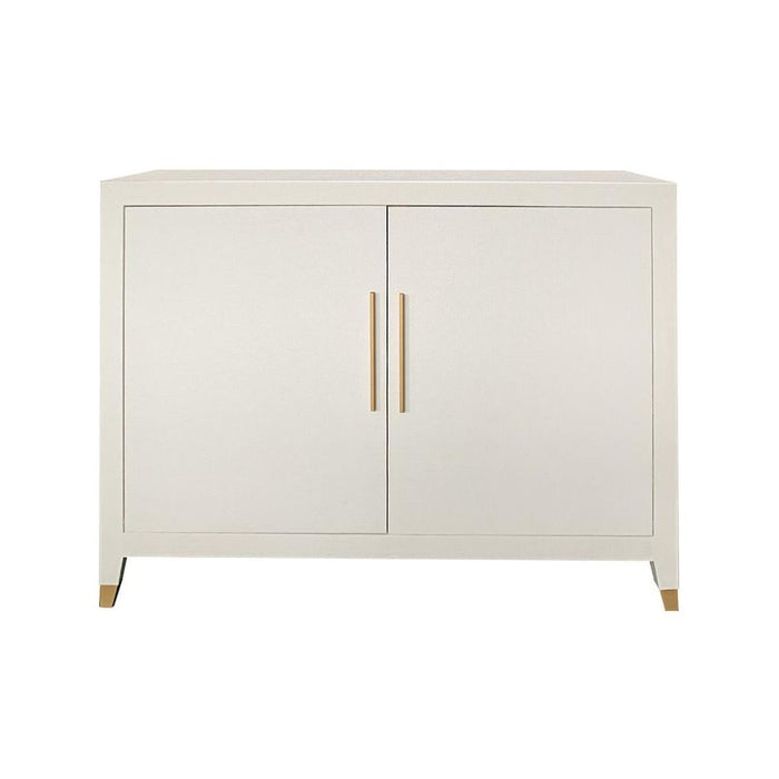 off-white raffia wrapped 2-door cupboard interior shelf brass hardware