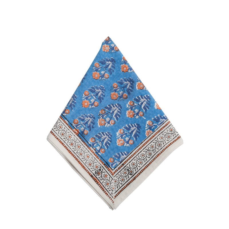 blue background orange flowers block-printed cotton napkins 8
